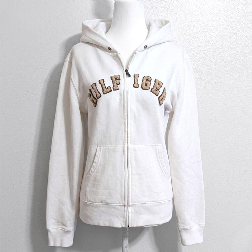 2010 Tommy Hilfiger White & Brown Embroidered Zip-Up Hoodie | Size L
